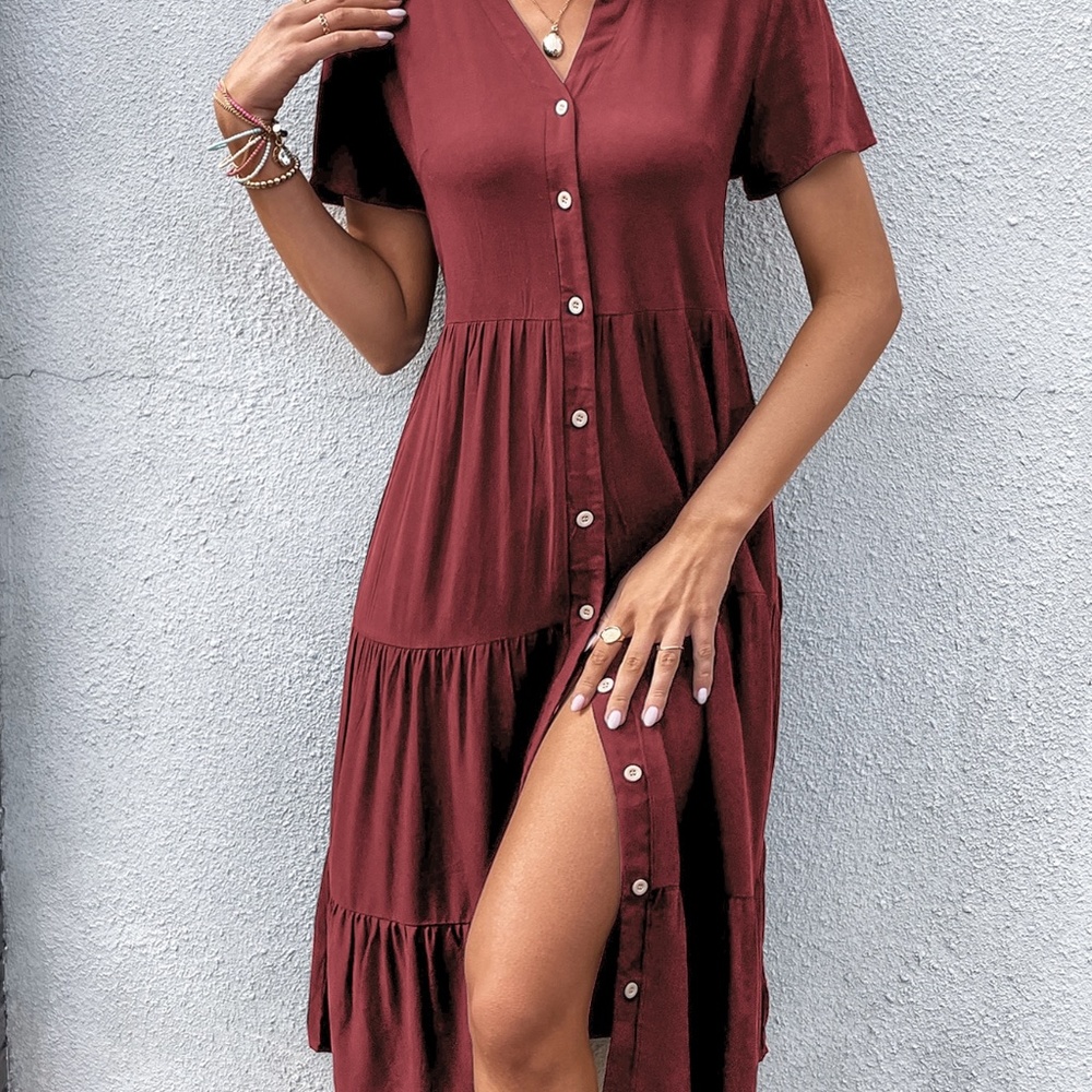 Burgundy Solid Button Front Ruffle Hem Dress MEDIUM M